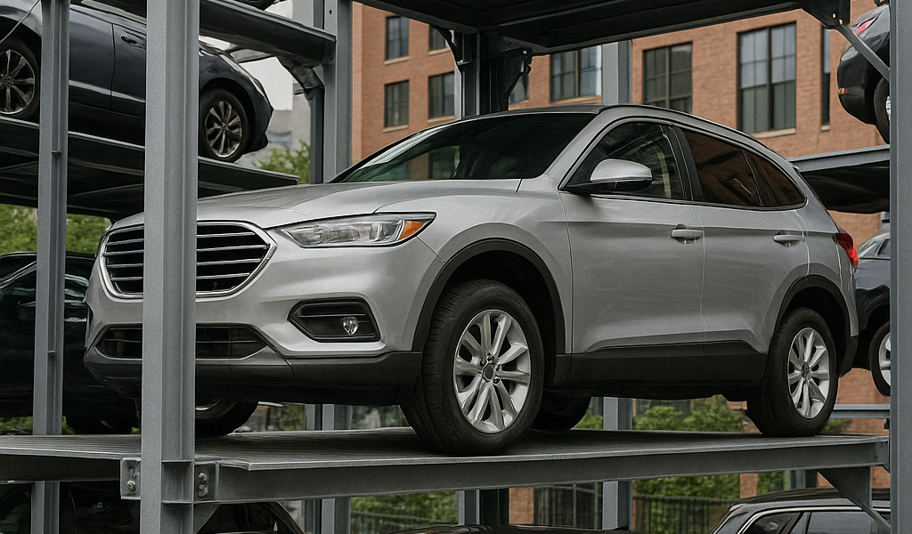 Torre de estacionamiento automatizado elevando vehículos