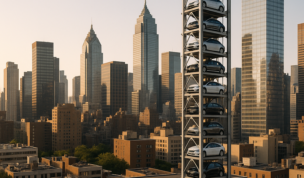 Skyline urbano con torre vertical de estacionamiento destacada