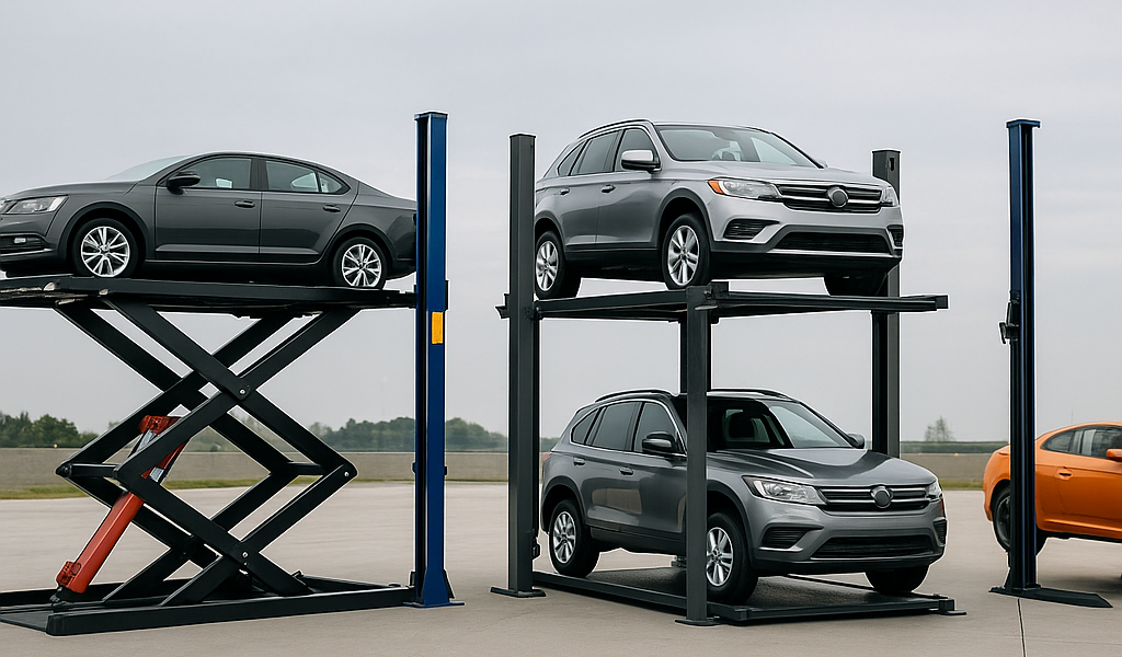 Diferentes modelos de elevadores para autos alineados para comparación