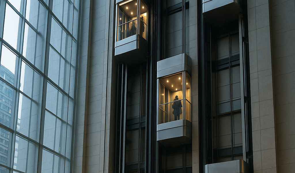 Interior de rascacielos mostrando varios elevadores en operación