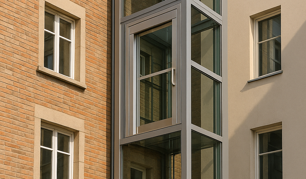 Elevador exterior transparente integrado a fachada de edificio