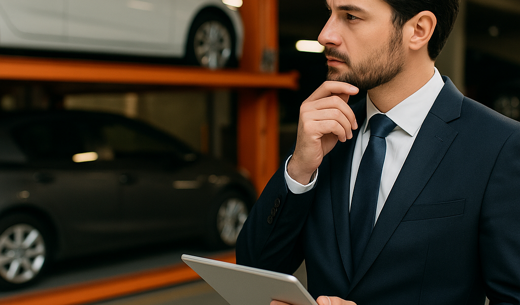 Empresario evaluando instalación de elevadores en estacionamiento