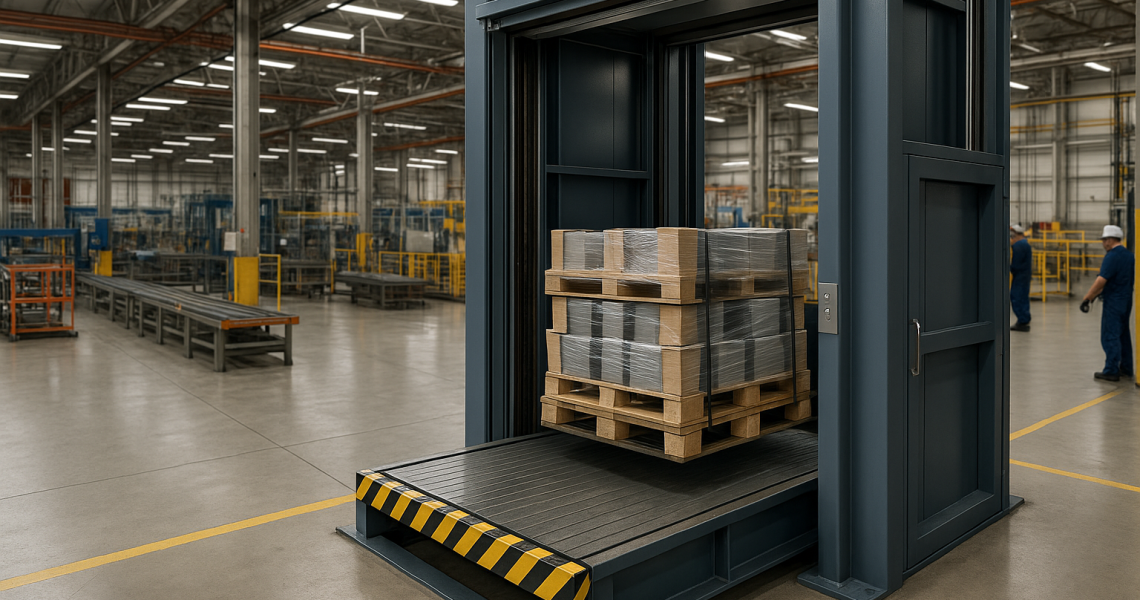 Elevador industrial en planta de producción operando cargas pesadas