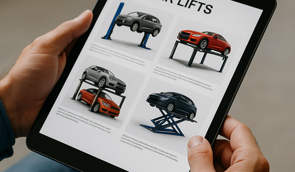 Persona revisando catálogo de elevadores de autos en una tablet