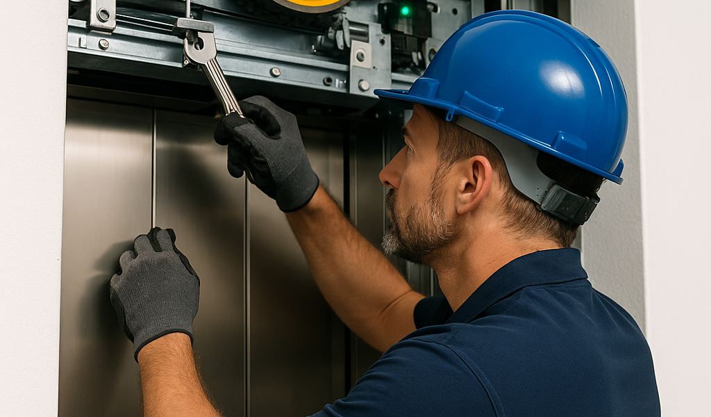 Técnico realizando mantenimiento a elevador comercial