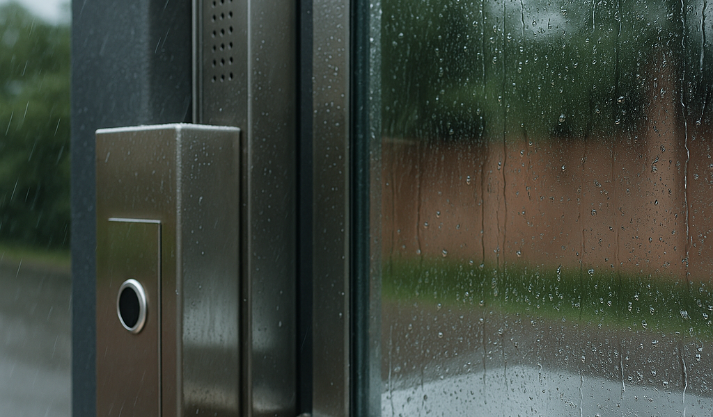 Detalle de materiales resistentes en elevador exterior bajo lluvia