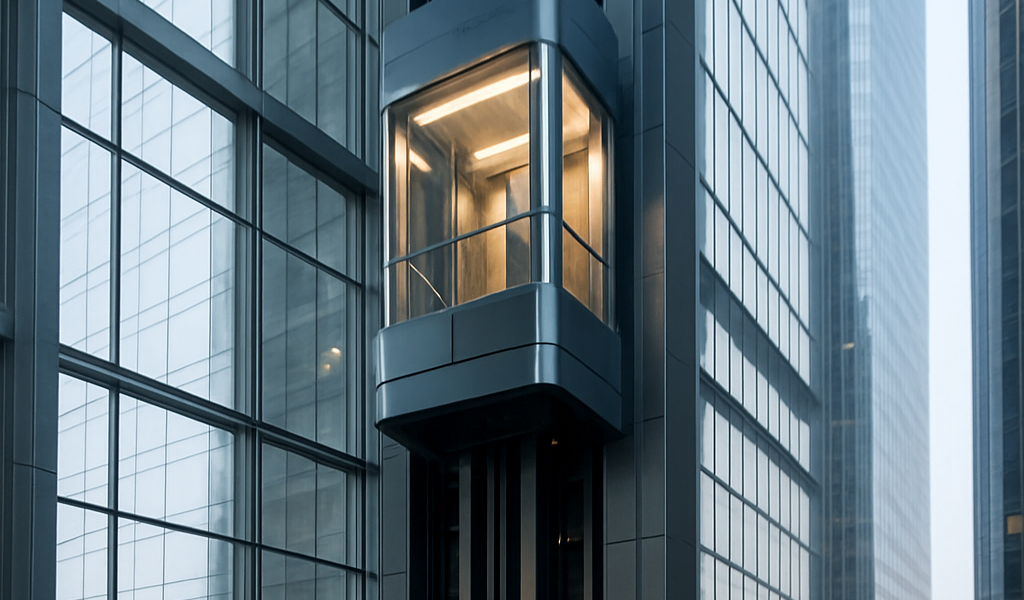 Elevador de alta velocidad ascendiendo en un rascacielos moderno