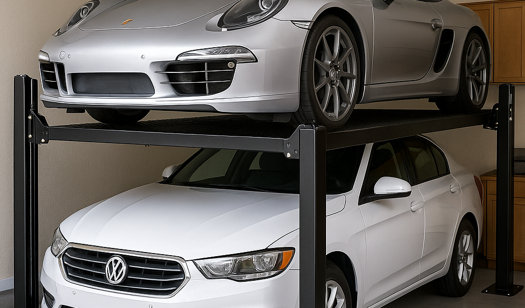 Elevador residencial para autos instalado en garaje doméstico