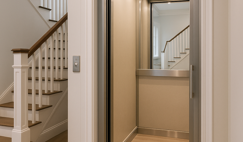 Elevador residencial moderno de vidrio y acero instalado dentro de una casa elegante con escalera de madera