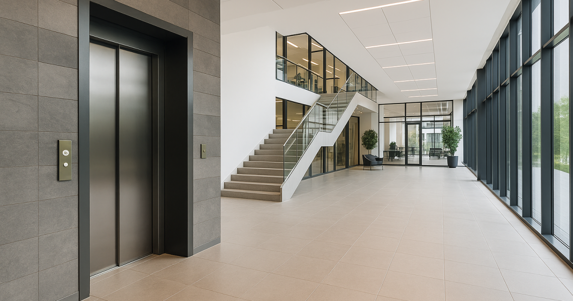Interior moderno de oficinas con un elevador corporativo y espacios de circulación amplios y accesibles