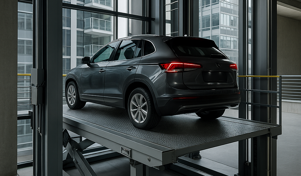 Elevador para autos trasladando un SUV en un estacionamiento vertical moderno con estructura de acero