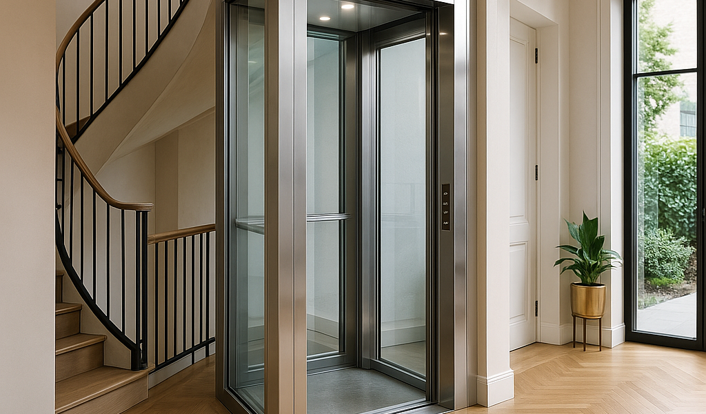Elevador residencial moderno instalado en el interior de una vivienda elegante junto a una escalera de diseño
