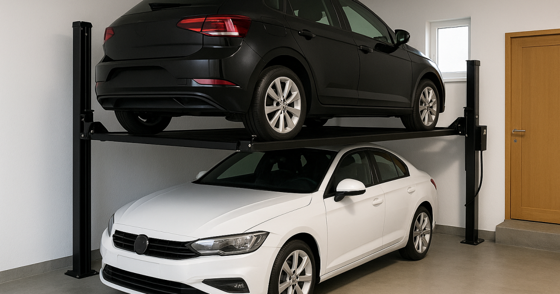 Garaje moderno con dos autos estacionados gracias a un elevador compacto de dos niveles