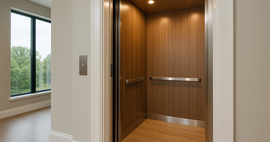 Interior de un elevador residencial moderno con acabados en madera dentro de una casa contemporánea