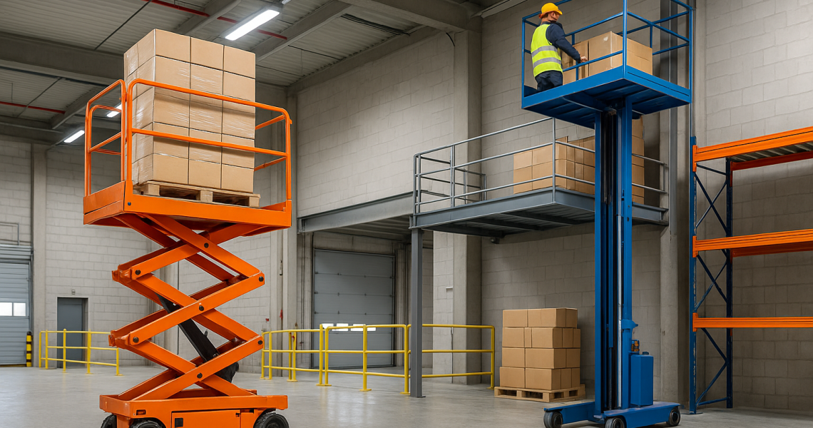 Elevador montacargas de tijera y de columna en funcionamiento dentro de un almacén industrial moderno