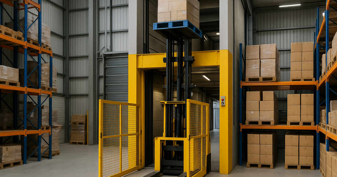 Interior de un almacén industrial con un elevador montacargas en funcionamiento
