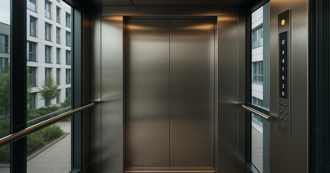 Interior de un elevador europeo moderno con acabados de acero y vidrio en un edificio contemporáneo