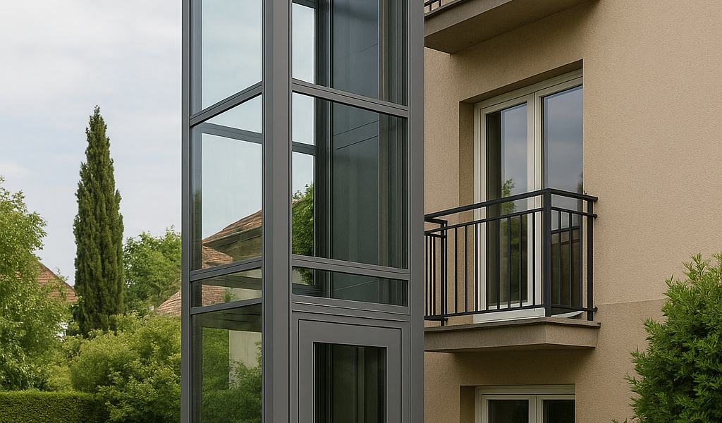 Vivienda moderna con un elevador exterior de vidrio y estructura metálica junto a un jardín