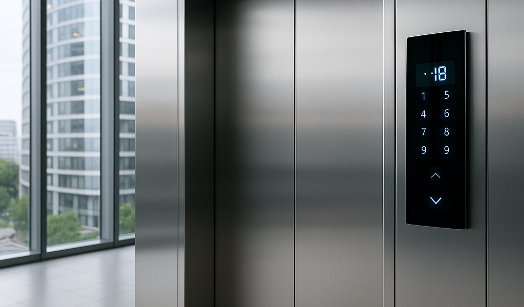 Elevador inteligente moderno con panel digital en un edificio corporativo de última generación