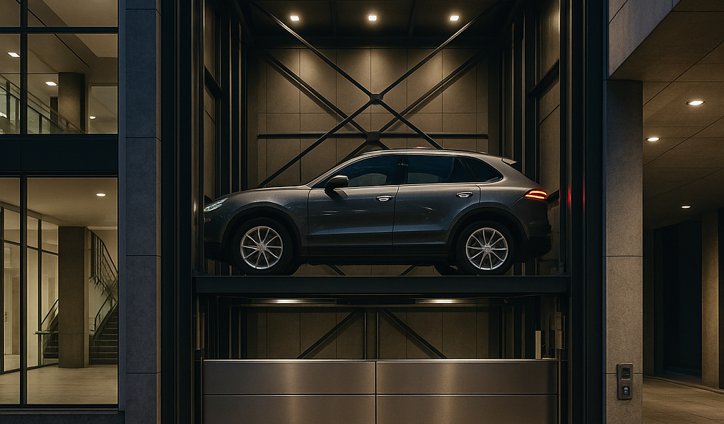 Elevador para autos en un edificio moderno con un SUV en plataforma iluminada