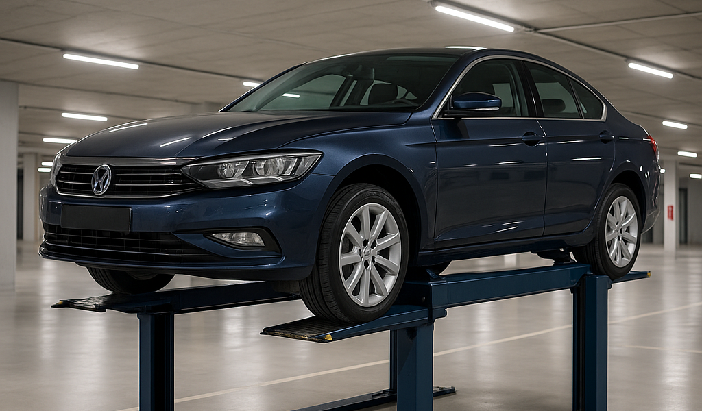 Elevador para autos moderno levantando un vehículo en un estacionamiento seguro y bien iluminado