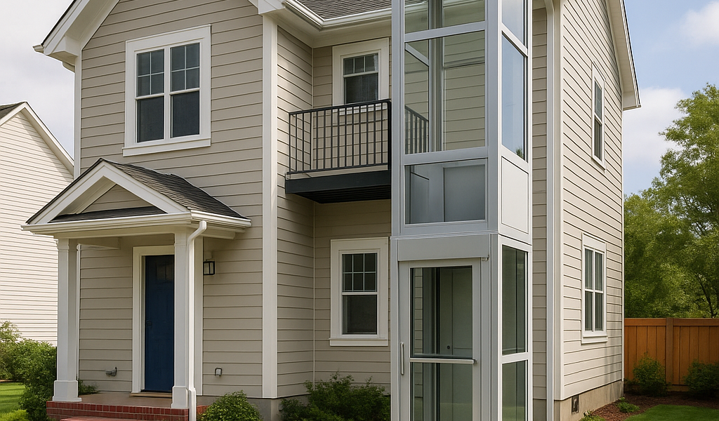 Elevador exterior moderno instalado en una vivienda familiar de dos pisos, integrado de forma armónica a la fachada