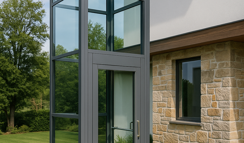 Elevador exterior de vidrio y metal instalado en la fachada de una casa moderna con jardín