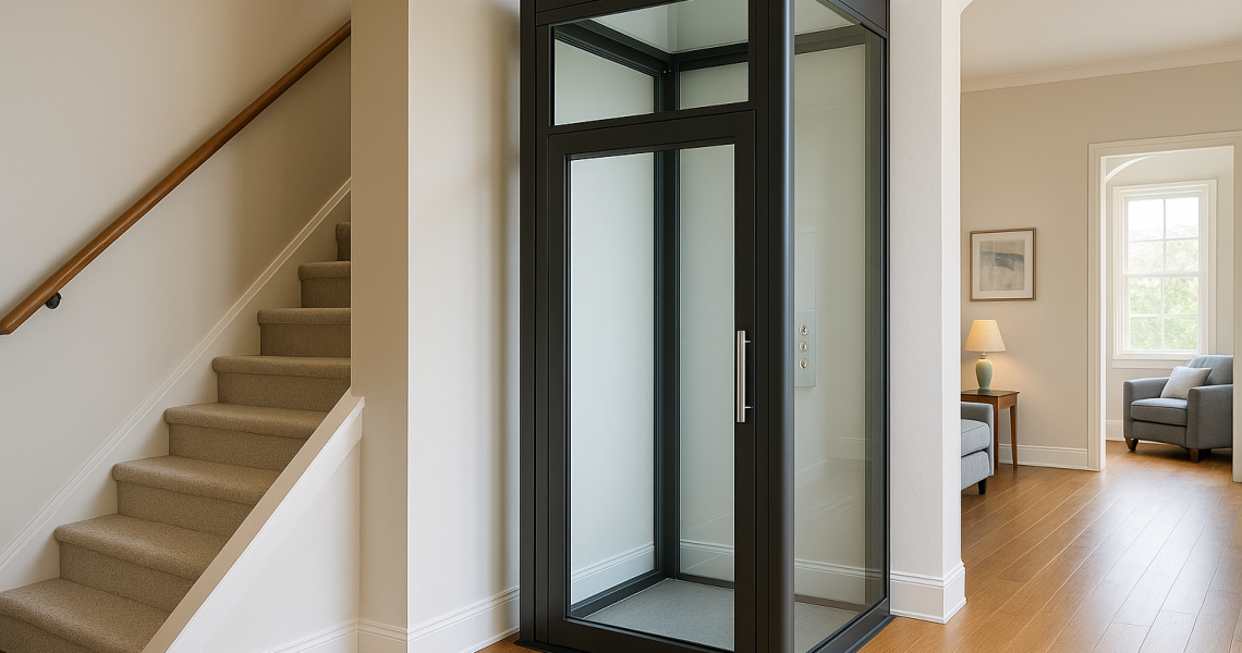 Elevador residencial moderno de vidrio instalado junto a una escalera en una casa contemporánea