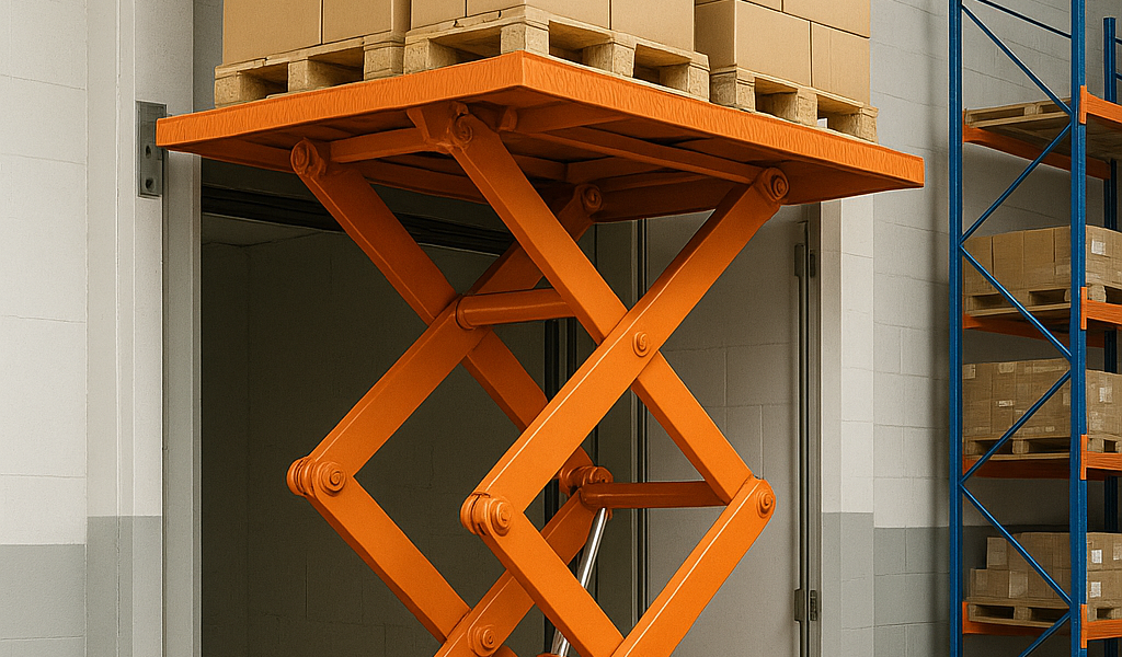 Elevador montacargas hidráulico de tijera transportando pallets en un almacén