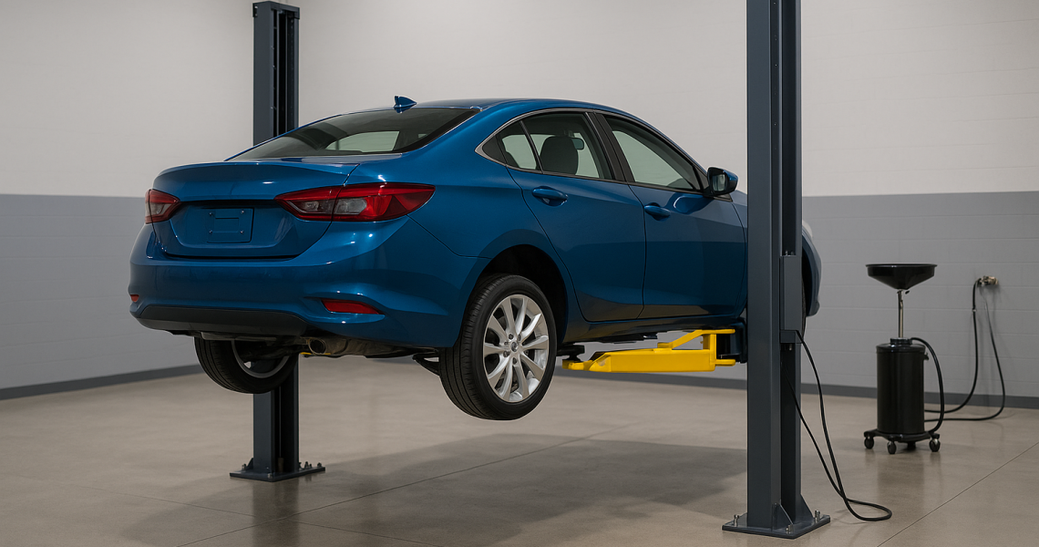 Auto azul sobre un elevador hidráulico moderno en un taller mecánico