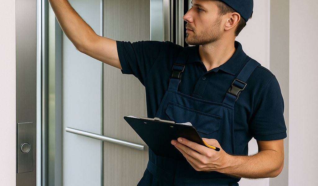 Técnico realizando mantenimiento a un elevador residencial moderno con herramientas y portapapeles