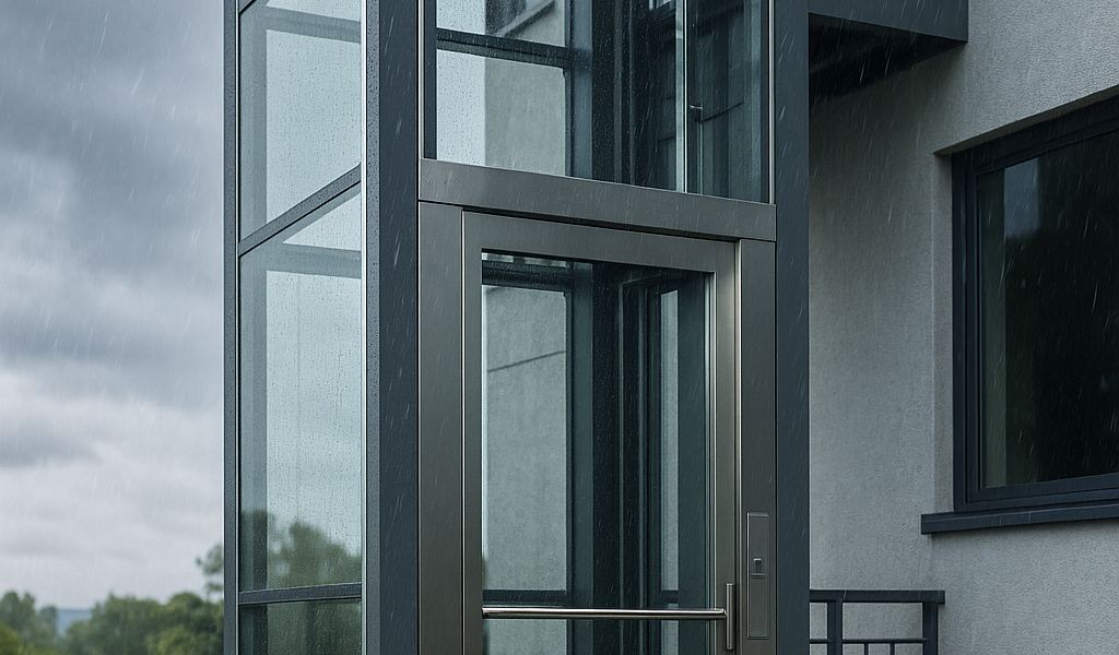 Elevador exterior panorámico de vidrio y acero instalado en la fachada de un edificio moderno bajo cielo nublado