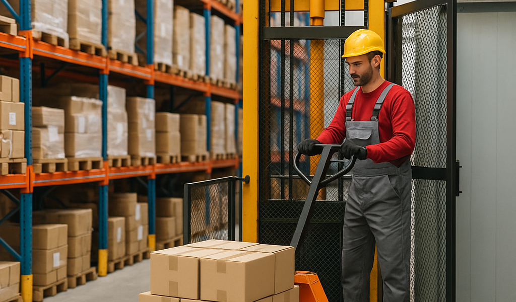 Trabajador en almacén operando un elevador montacargas para trasladar cajas
