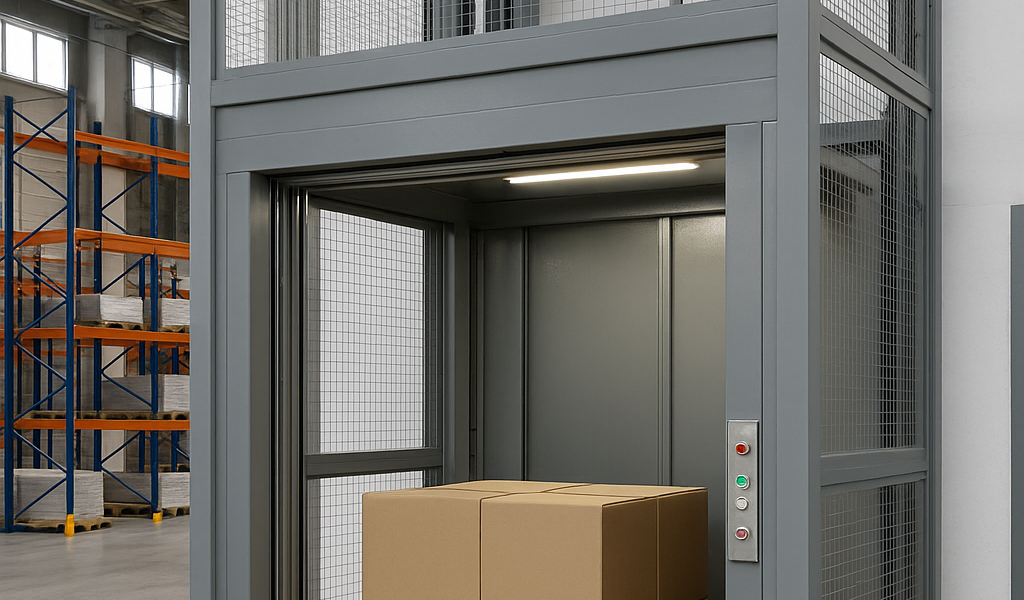 Elevador montacargas industrial con plataforma metálica transportando cajas en un almacén moderno con estanterías