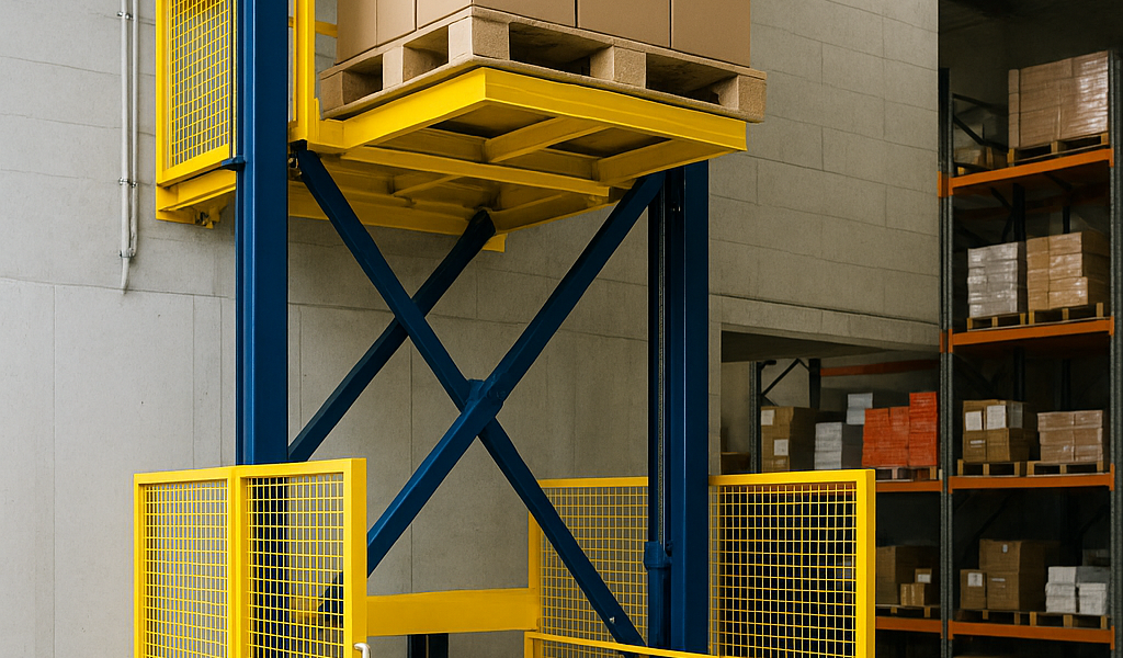 Elevador montacargas hidráulico transportando un pallet con cajas en un almacén moderno con estanterías metálicas organizadas