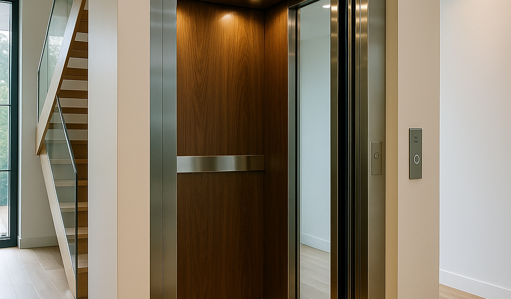 Elevador residencial moderno con interior de madera y acabados en acero inoxidable, integrado en una casa contemporánea con iluminación LED