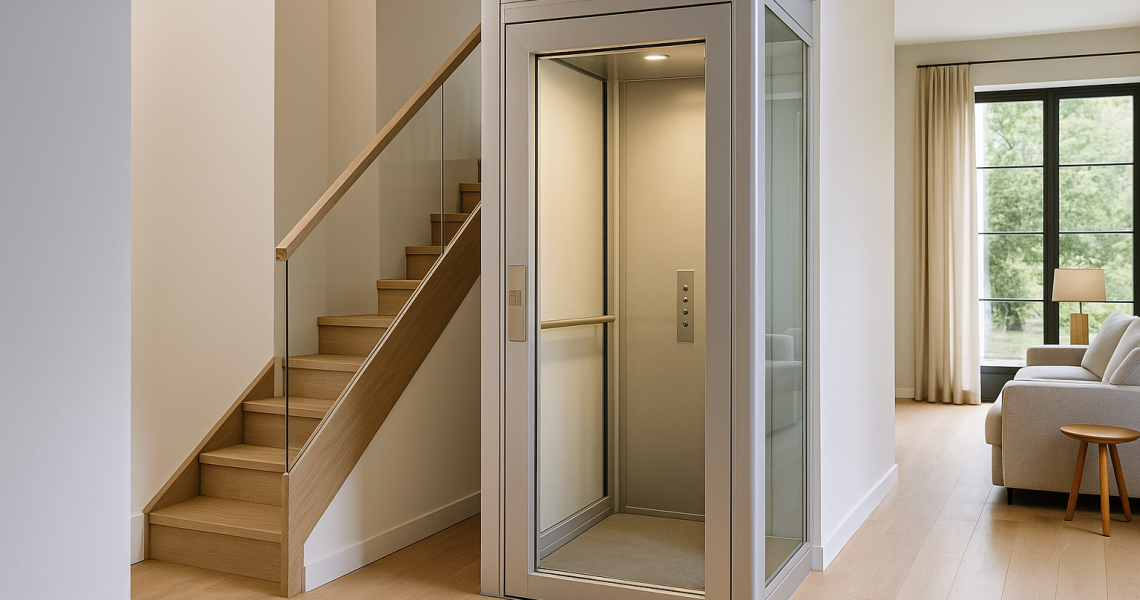 Elevador residencial compacto de vidrio y acero instalado en el interior de una casa moderna junto a una escalera de madera y sala iluminada