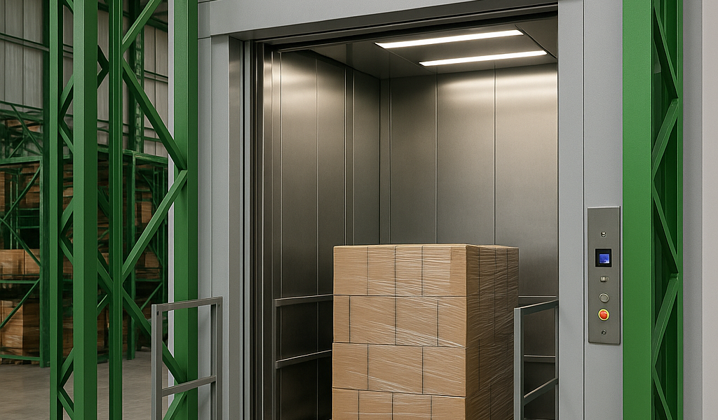 Elevador montacargas industrial moderno con pallets de cajas en un almacén, rodeado de estructura metálica verde que simboliza sostenibilidad