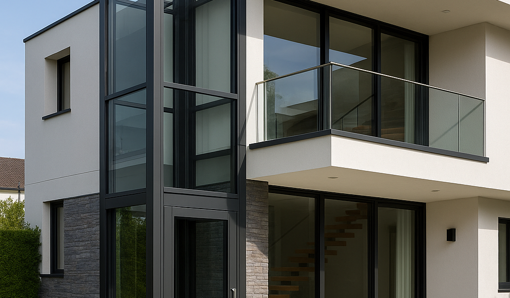 Elevador exterior de vidrio y acero integrado en la fachada de una casa moderna de dos pisos con diseño elegante y minimalista