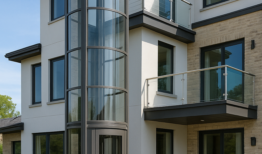 Elevador exterior cilíndrico de vidrio y acero adosado a la fachada de una casa moderna de tres pisos con balcones y jardín cuidado