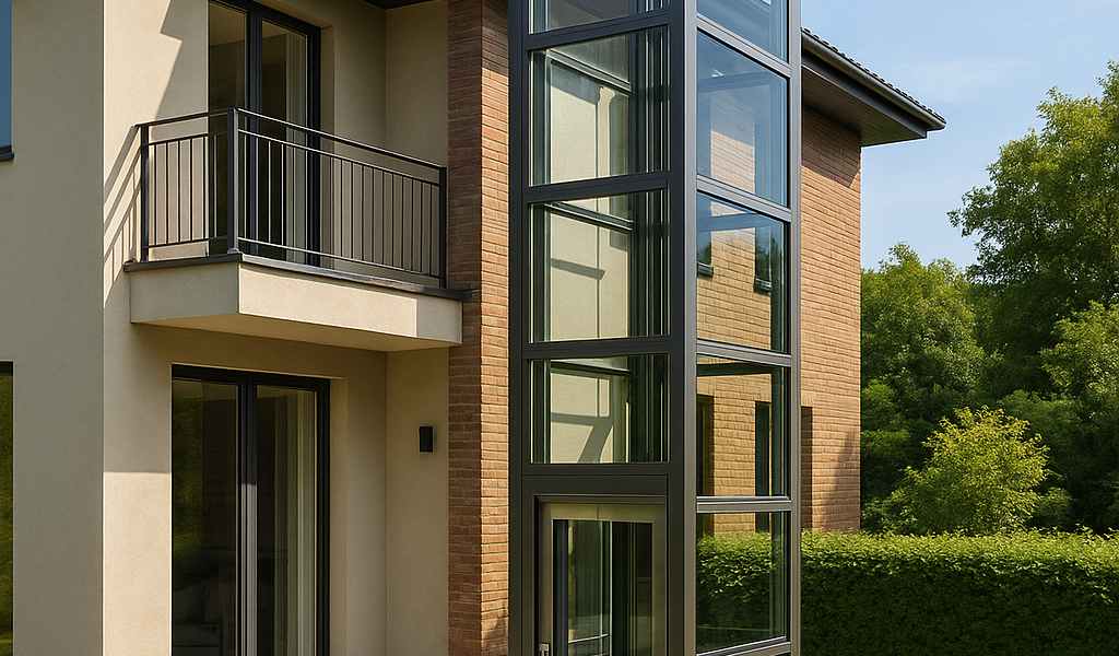 Elevador exterior panorámico de vidrio y acero integrado en la fachada de una casa residencial de varios pisos con diseño contemporáneo