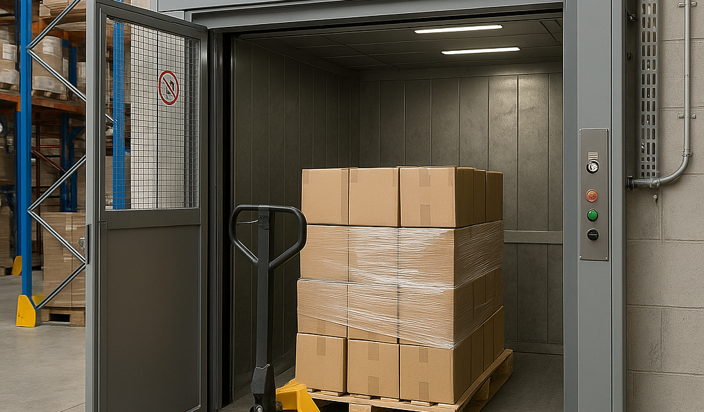 Elevador montacargas industrial transportando un pallet con cajas en un almacén moderno con estanterías metálicas y ambiente iluminado