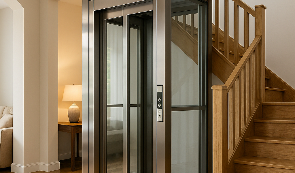 Elevador residencial de vidrio y acero inoxidable integrado en una casa moderna, ubicado junto a una escalera de madera y un ambiente acogedor