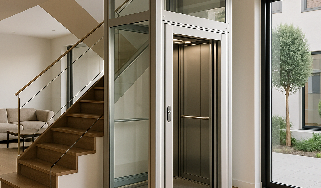 Elevador residencial de vidrio y acero integrado en el interior de una casa moderna junto a una escalera flotante