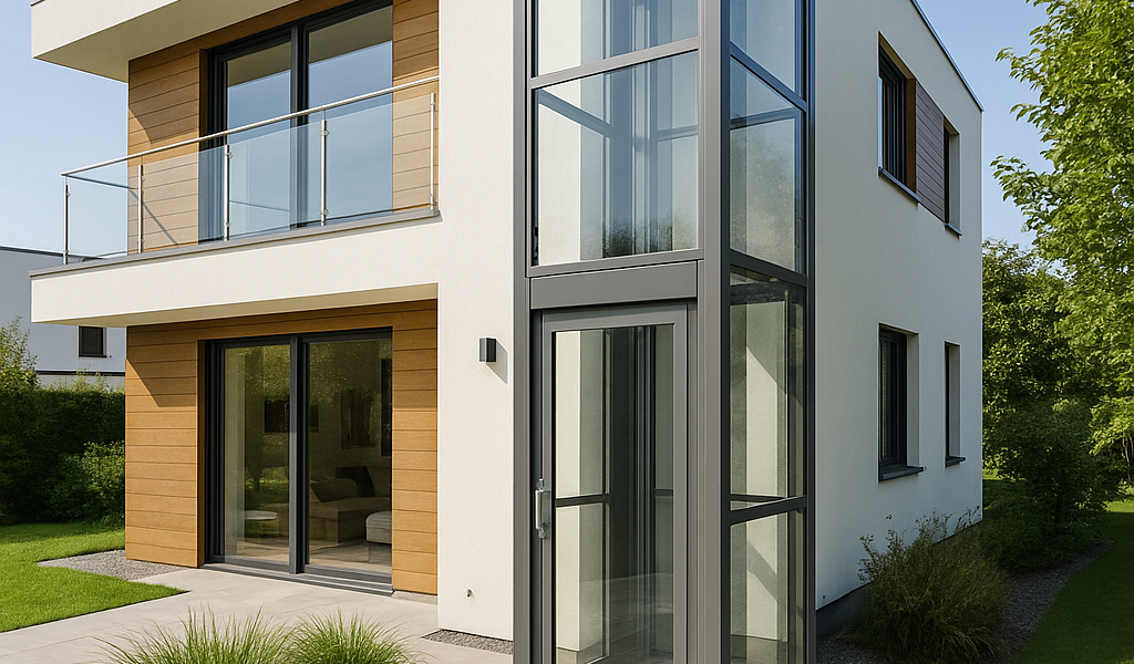 Casa moderna de dos pisos con un elevador exterior de vidrio y metal integrado en su fachada