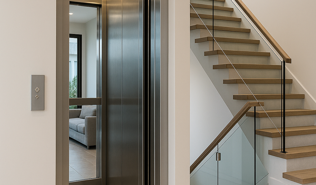 Elevador residencial moderno integrado en el interior de una casa contemporánea junto a una escalera flotante de diseño elegante