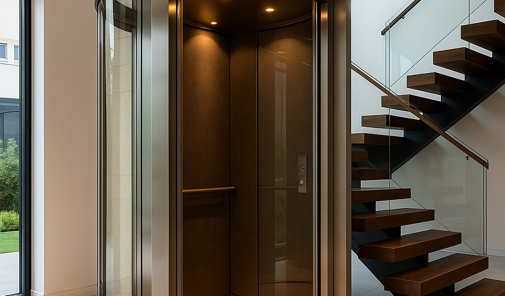 Elevador residencial de lujo con cabina de vidrio y acero, ubicado en el interior de una casa moderna junto a una escalera flotante