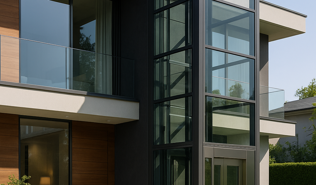 Elevador exterior de vidrio y acero instalado en la fachada de una casa contemporánea de dos pisos con diseño elegante y jardín cuidado