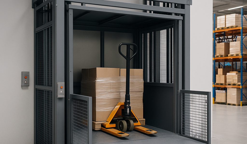 Elevador montacargas industrial transportando pallets con cajas en un almacén moderno con estanterías metálicas organizadas