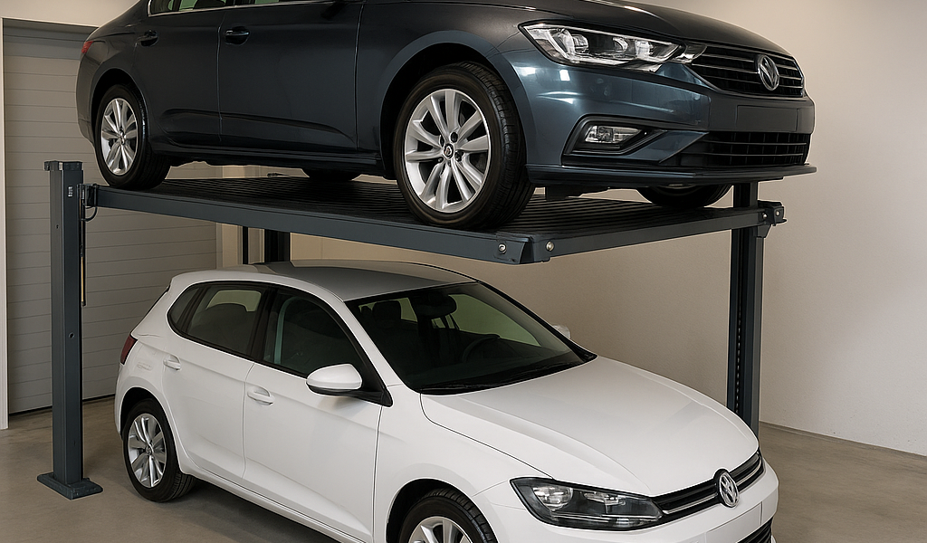elevador para autos moderno instalado en un garaje con un coche elevado y otro debajo